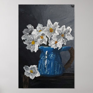 Fleurs blanches dans une affiche de lanceur bleu
