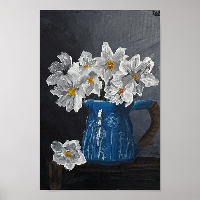 Fleurs blanches dans une affiche de lanceur bleu (Devant)