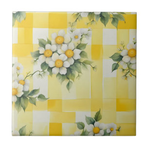 Fleurs blanches et jaunes sur carreau de ferme jau