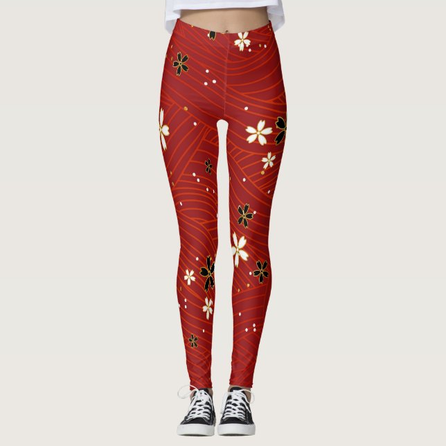fleurs blanches et noires leggings rouges (Devant)
