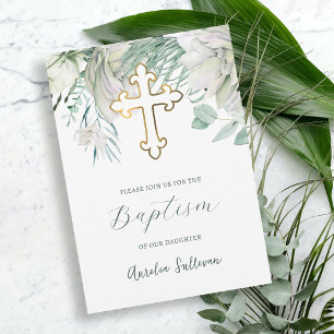 Fleurs blanches et vert Baptême Invitation