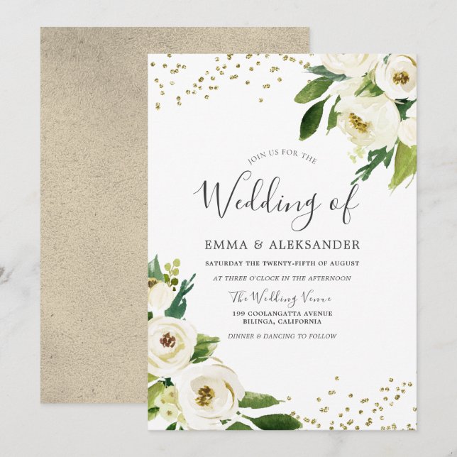 Fleurs blanches Faire-part de mariage dorée modern (Devant / Derrière)