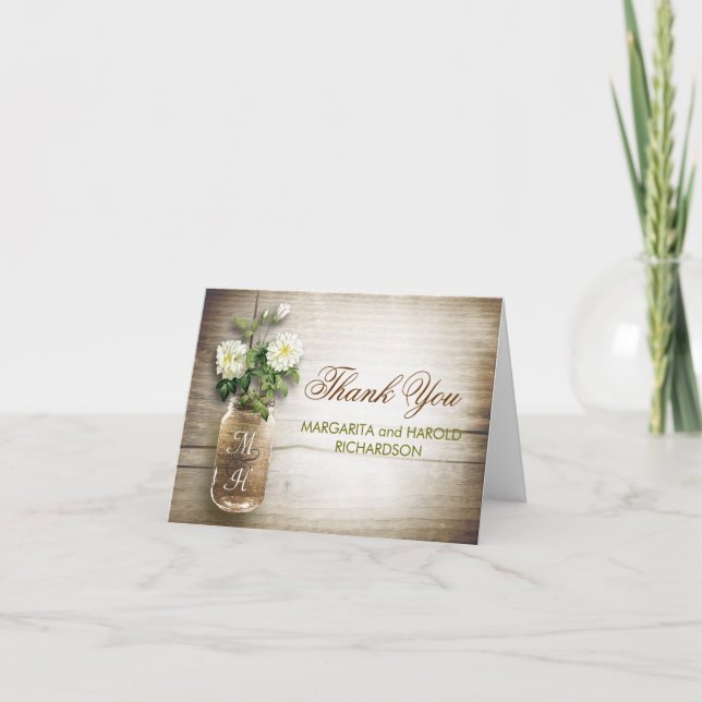 Fleurs blanches mason jarre mariage merci cartes (Devant)