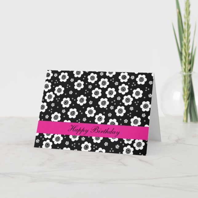 Fleurs blanches noires mignonnes Carte d'anniversa (Devant)
