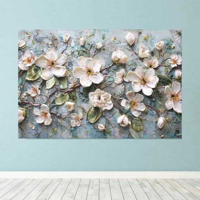 Fleurs Blanches sur Branches – Art Mural Abstrait (Insitu (Plancher de Bois))