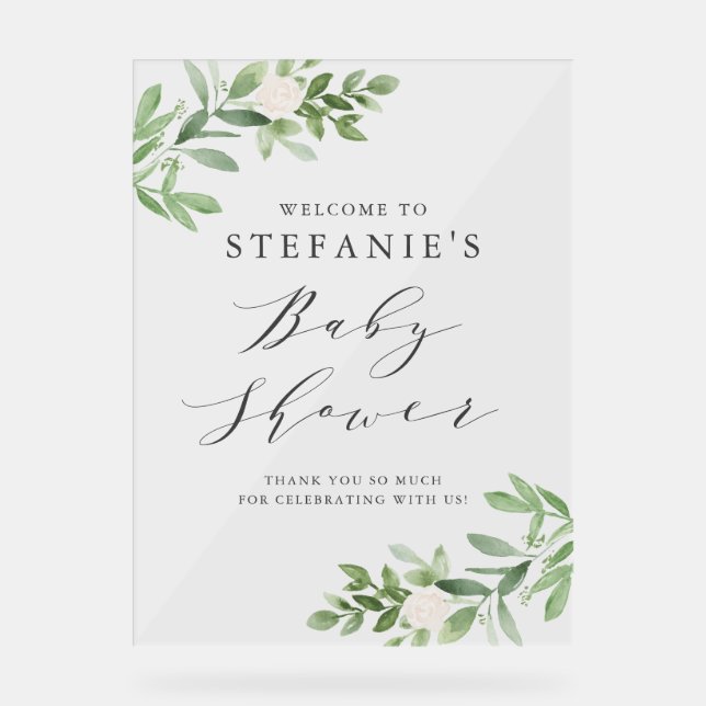Fleurs blanches vertes Baby shower gris Accueil (Recto)