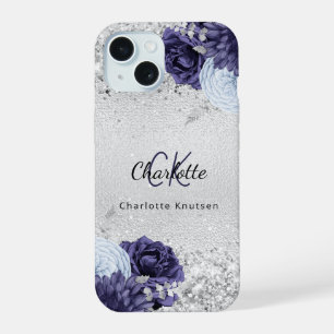 Fleurs bleu marine argent élégant monogramme nom