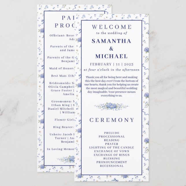 Fleurs Bleu Marine Minuscules Programme de Mariage (Devant / Derrière)