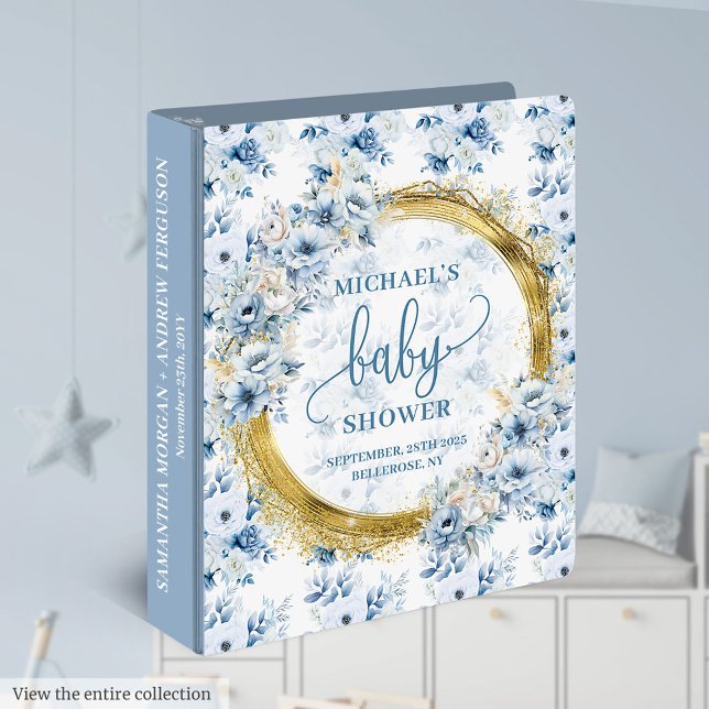 Fleurs bleu pastel minuscules et classeur d'anneau (Tiny pastel blue flowers and gold baby ring binder)