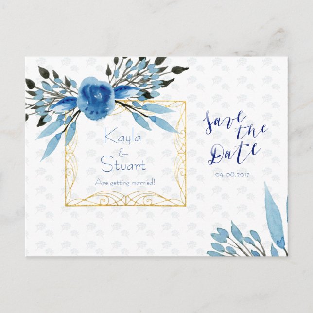 Fleurs Bleues Aquarelle Faire-Part de Mariage (Devant)
