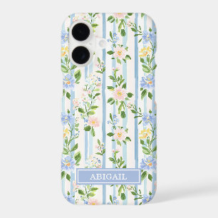 Fleurs bleues aquarelles rayées personnalisées ave