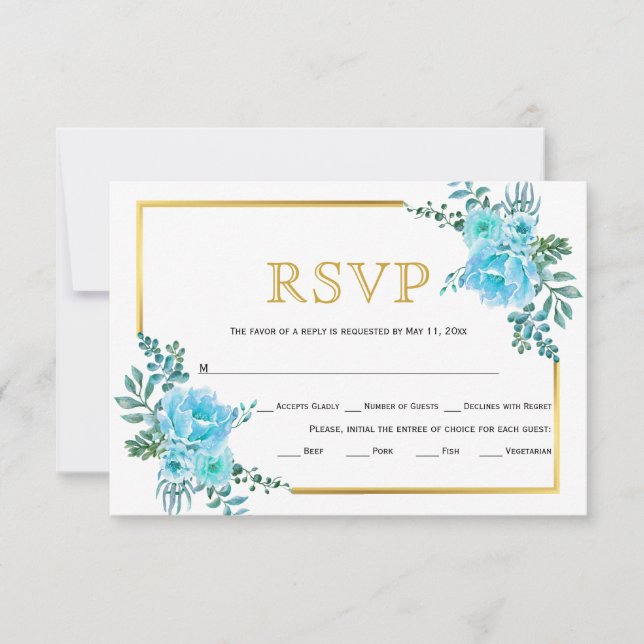 Fleurs bleues, cadre or mariage carte RSVP (Devant)