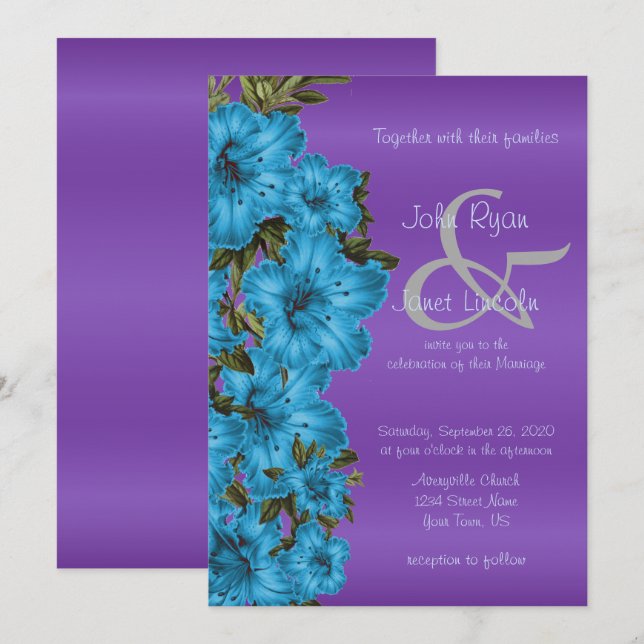 Fleurs bleues et invitation au mariage satiné viol (Devant / Derrière)