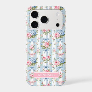 Fleurs bleues et roses et rubans rayés