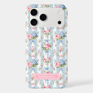 Fleurs bleues et roses et rubans rayés