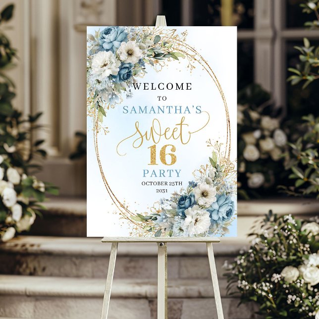 Fleurs Bleues Modernes Douces Affiche de Bienvenue (Modern Light Blue Flowers Sweet 16 Welcome Poster)