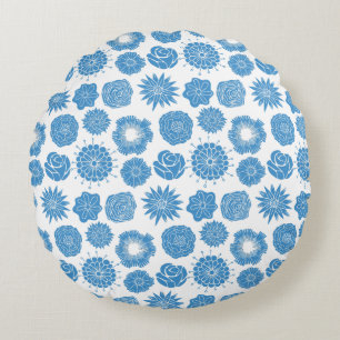 Fleurs Bleues Modernes Motif Élégant Coussin Rond