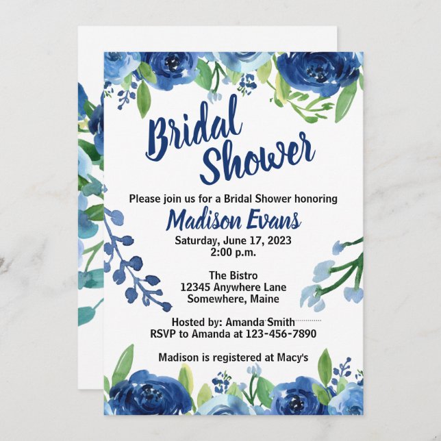 Fleurs Bleues Rustiques Douche nuptiale Invitation (Devant / Derrière)