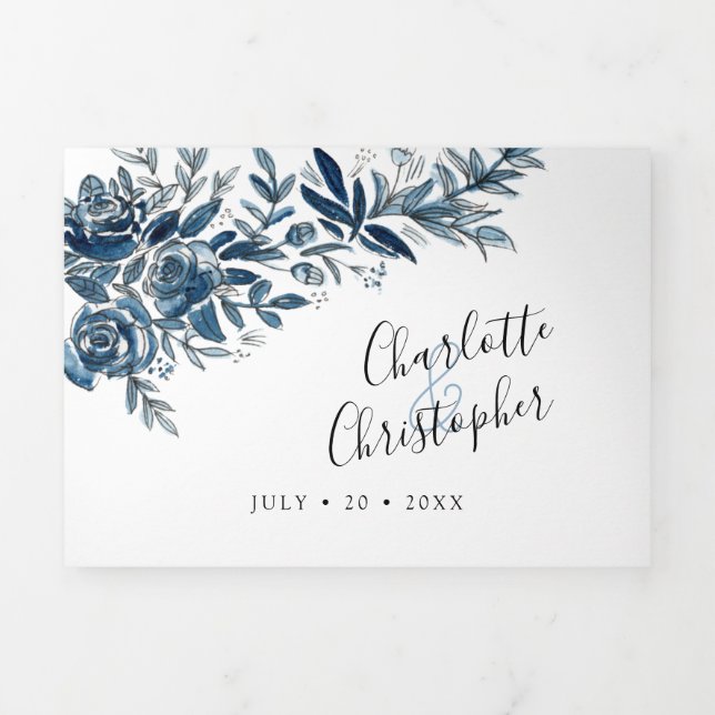 Fleurs bleues tout en un faire-part de mariage (Page de couverture)