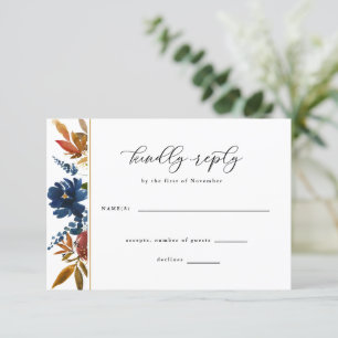 Fleurs Boho Marine & Rust Blanc Mariage Carte RSVP