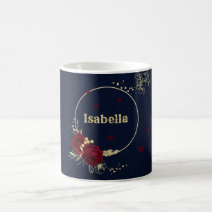 fleurs bordeaux feuilles dorées mug café bleu mari