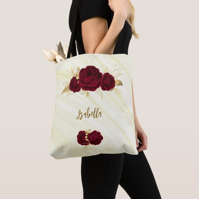 fleurs bordeaux or feuille marbre sac fourre-tout (De près)