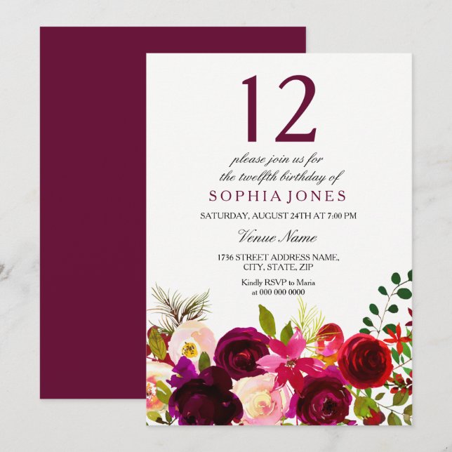 Fleurs Bourgogne Invitation de fête du 12e anniver (Devant / Derrière)