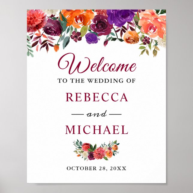 Fleurs Bourgogne Rustique Mariage Affiche de bienv (Devant)