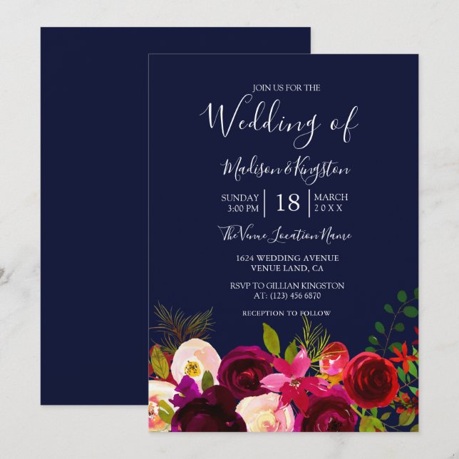 Fleurs Bourgognes marine Mariage bleu Invitation (Devant / Derrière)