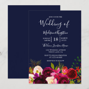 Fleurs Bourgognes marine Mariage bleu Invitation