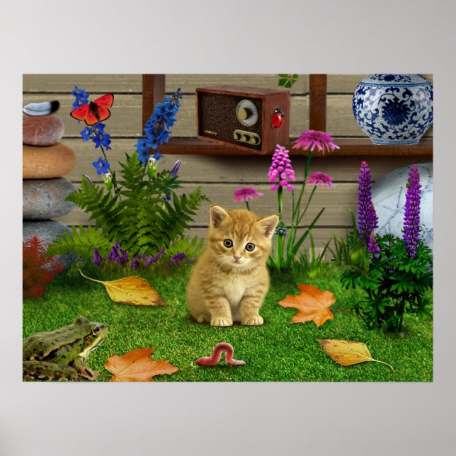 fleurs chat fleur kitty grenouille photo poster na (Devant)
