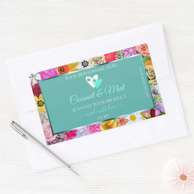 Fleurs colorées Cadre produit Turquoise Étiquettes (Enveloppe)