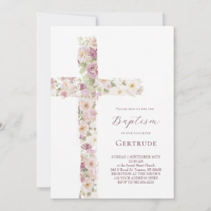 fleurs croix Baptême fille Invitation