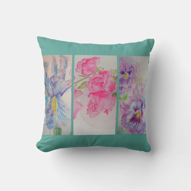 Fleurs d'amour Aquarelle Florale Coussin Turquoise (Recto)