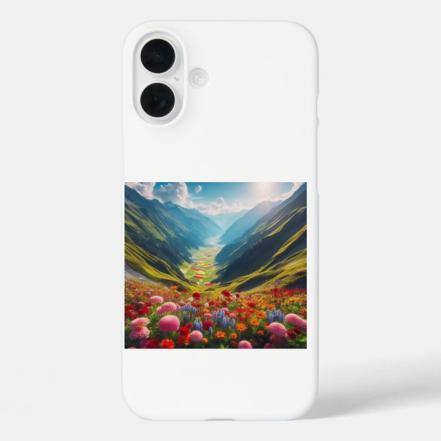 Fleurs dans Mountain Valley iPhone 16 Coque (Verso)