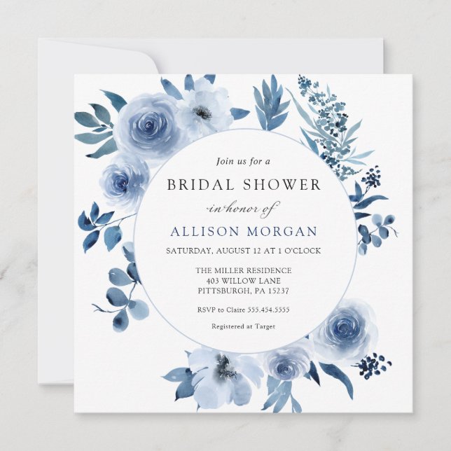 Fleurs d'aquarelle bleu Invitation de douche nupti (Devant)
