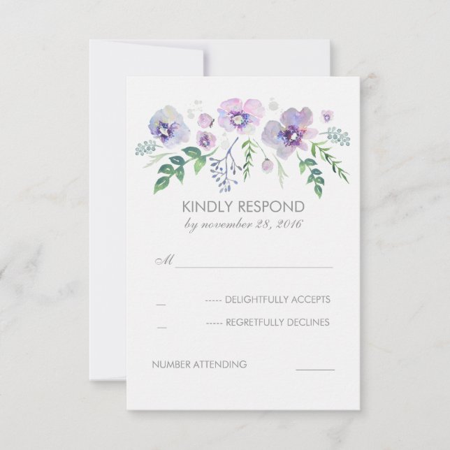 Fleurs d'aquarelle bleu violet mariage RSVP (Devant)