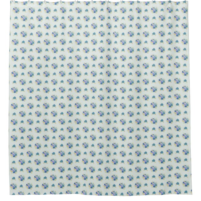 Fleurs d'Aquarelle Bleue, Rideau de douche vert Mi (Devant)