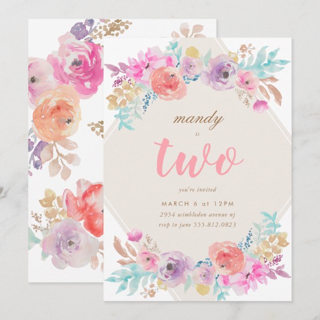 Fleurs d'aquarelle de fille Invitation de deuxième (Devant / Derrière)