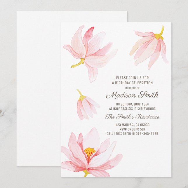 Fleurs d'aquarelle Invitation à la fête d'annivers (Devant / Derrière)