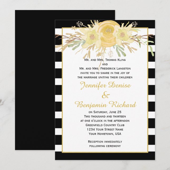 Fleurs d'aquarelle jaune Bandes noires Invitation (Devant / Derrière)