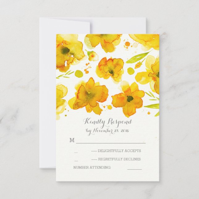 fleurs d'aquarelle jaune mariage romantique RSVP (Devant)