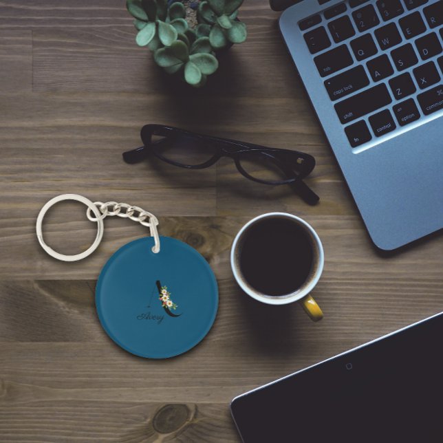 Fleurs d'aquarelle monogramme bleu Porte - clé acr (Créateur téléchargé)