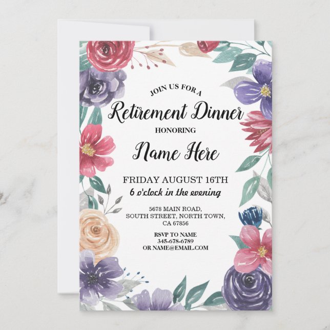 Fleurs d'aquarelle Parti de retraite Invitation re (Devant)