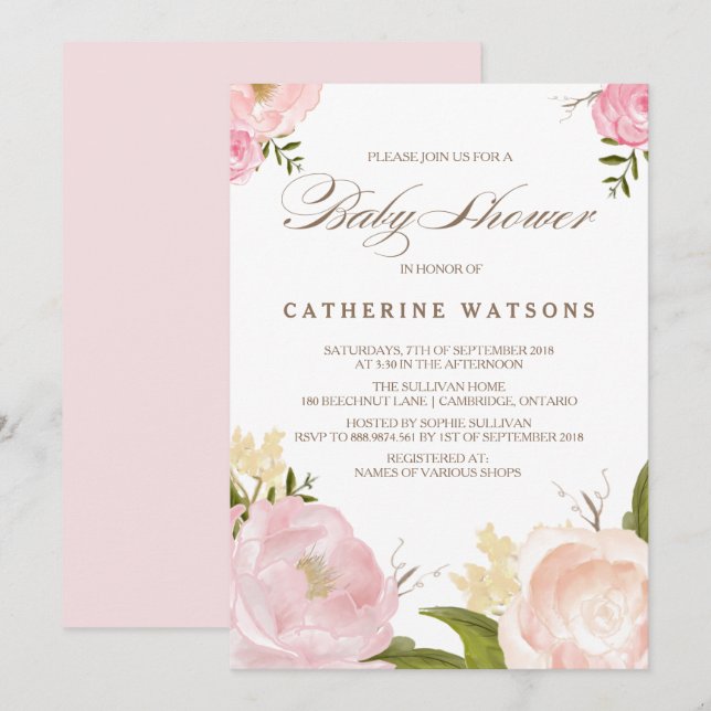 Fleurs d'aquarelle romantique Invitation Baby show (Devant / Derrière)