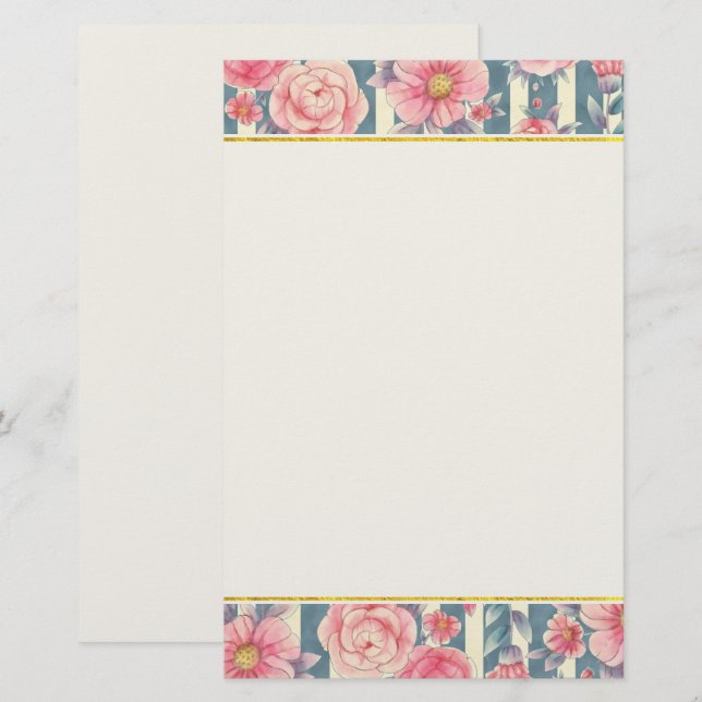 Fleurs d'aquarelle rose sur rayures Papeterie (Devant / Derrière)