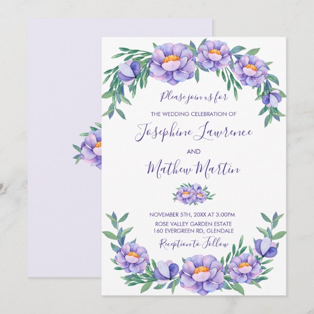 Fleurs d'aquarelle violet Invitations de mariage (Devant / Derrière)