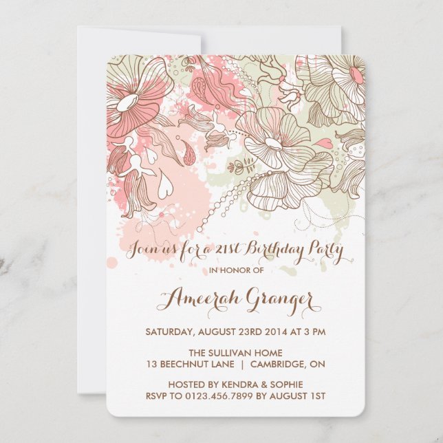 Fleurs d'aquarelle Whimsical Invitation d'annivers (Devant)