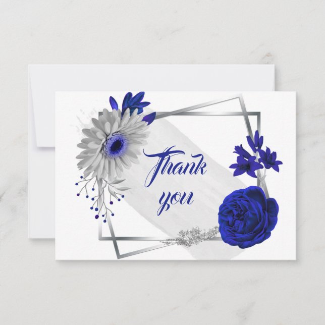 fleurs d'argent bleu royal carte de remerciements  (Devant)