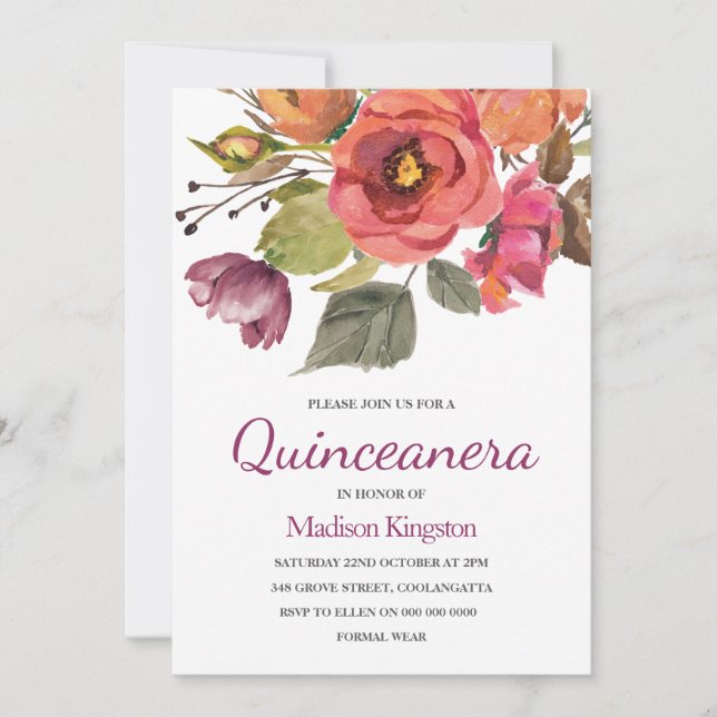Fleurs de Berry rose Quinceanera Invitation de fêt (Devant)